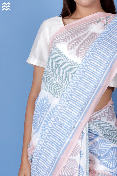 Mulmul Cotton Saree With Fall In Block Print